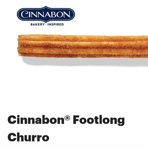 The Cinnabon® Footlong Churro is a totally shareable spin on a beloved snack. It’s served warm, coated in craveable cinnamon and loaded with signature Cinnabon® flavor so it’s sweet and crispy from end to end.