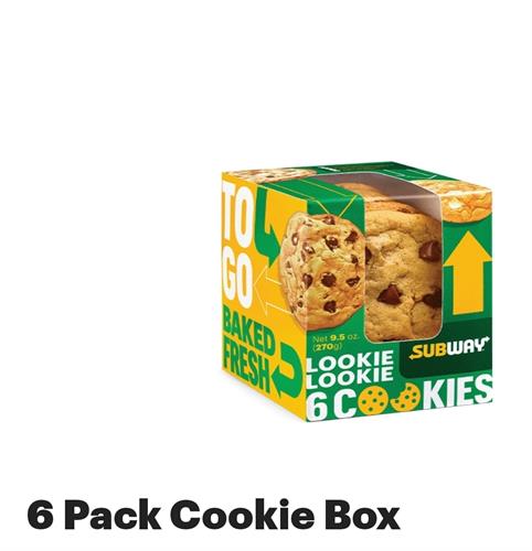 6 Pack Cookie Box Our 6 Pack Cookie Box is the most delicious out-of-the-box thinking. Pick your favorite flavor and enjoy a half-dozen of fresh-baked cookies.