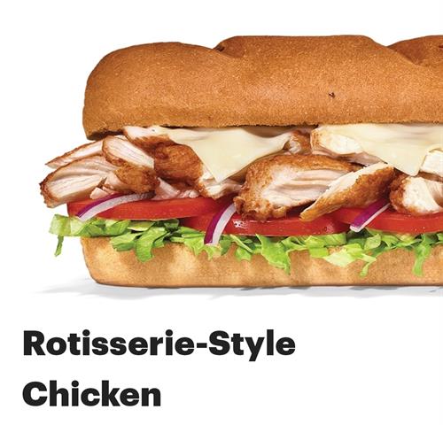 Rotisserie-Style Chicken Who doesn’t love tender, juicy rotisserie-style chicken? Especially when it’s served on our Hearty Multigrain bread with American cheese, and your choice of veggies. We like lettuce, tomatoes, and red onions, but hey, it’s your sandwich, do what you like.