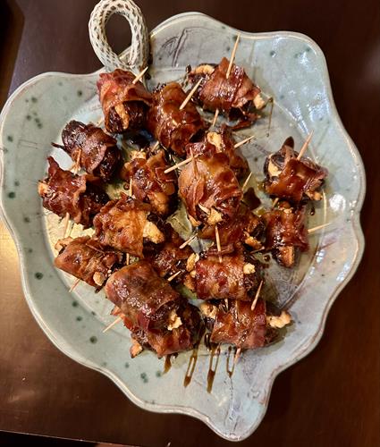 Bacon Wrapped Dates Stuffed with Honey Fig Goat Cheese and Topped with Whiskey Glaze