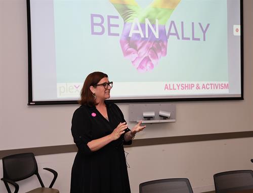 Plexus' Amanda Cole leads discusion around Allyship in the work place at Oswald Center, May 2024