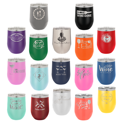 Seen here: wine tumbler with lid - We make laser engraved stainless steel tumblers with various sizes, styles, and color options.  This is a fantastic way to promote your business or initiative.