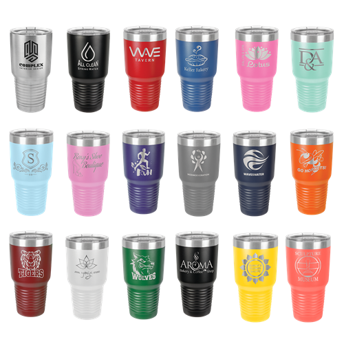 Seen here: 30 oz tumbler with lid - We make laser engraved stainless steel tumblers with various sizes, styles, and color options.  This is a fantastic way to promote your business or initiative.