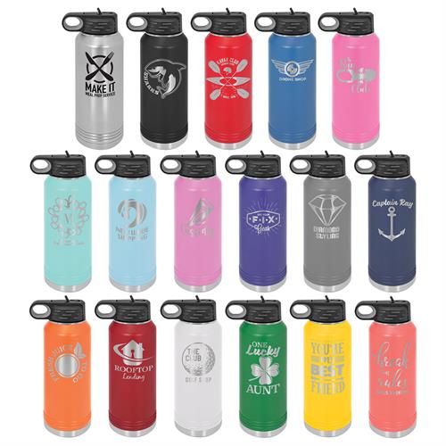 Seen here: 32 oz water bottle with straw - We make laser engraved stainless steel tumblers with various sizes, styles, and color options.  This is a fantastic way to promote your business or initiative.