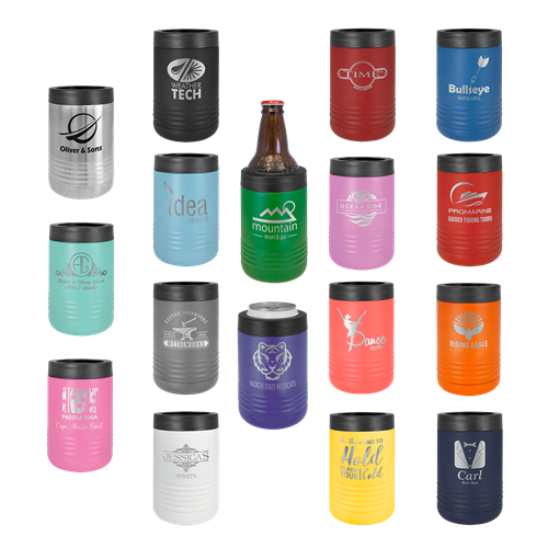 Seen here: stainless steel beer caddy - We make laser engraved stainless steel tumblers with various sizes, styles, and color options.  This is a fantastic way to promote your business or initiative.