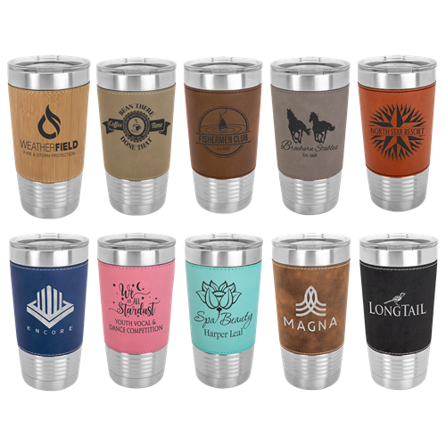 Seen here: 20 oz tumbler with leatherette grip & lid - We make laser engraved stainless steel tumblers with various sizes, styles, and color options.  This is a fantastic way to promote your business or initiative.