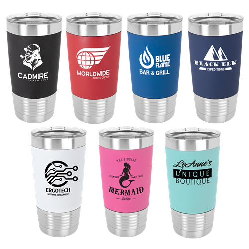 Seen here: 20 oz tumbler with silicone grip & lid - We make laser engraved stainless steel tumblers with various sizes, styles, and color options.  This is a fantastic way to promote your business or initiative.