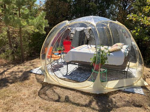 Clear Dome Tent for Glamping Rent w Raised Queen Bed frame/air mattress