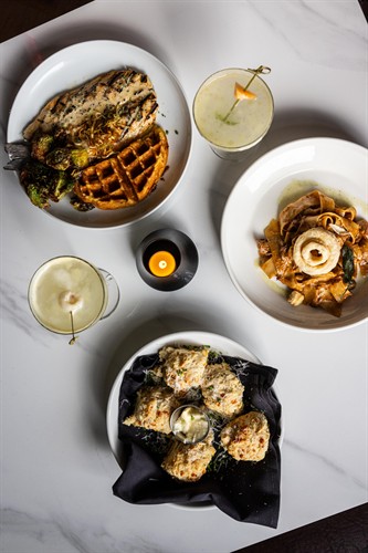 Chefs cheddar biscuits, branzino, short rib stroganoff