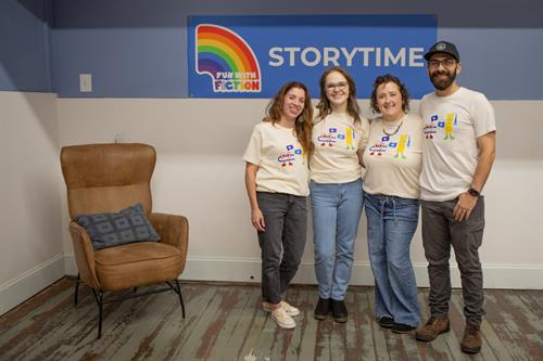 Meet the Fun With Fiction team! (From left to right: Betsey Evers, Community Outreach Director; Kimberly Marcy, Founder & Executive Director; Jessica Chase, Treasurer; Garret Marcy, Fundraising Director). 