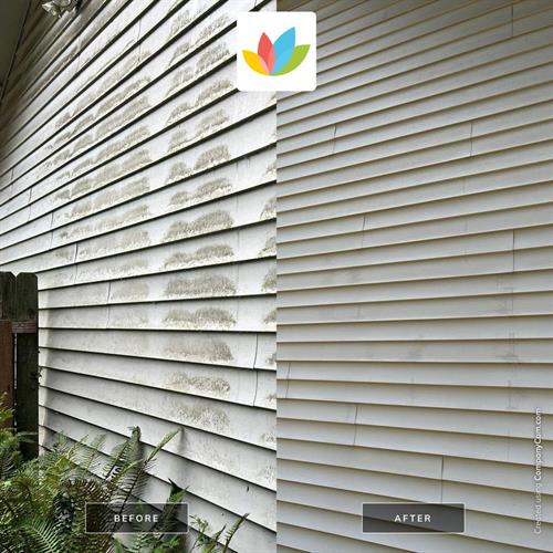 Before and after house washing in Vancouver, WA – bringing siding back to its clean, fresh appearance.