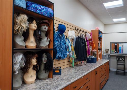 Resource room offers a large selection of wigs, headwear, bras, prosthesis, chemo kits, specialty pillows and more.