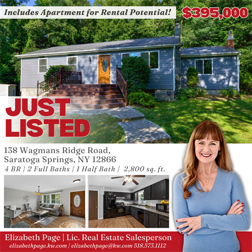 JUST LISTED! This unique property has a full 2 BR apartment on the lower floor, great rental, potential or Inlaw apartment! $395,000! 10 min to Track! 8 min to Saratoga Lake! Open House Sat 7/22 from 11-1pm! 138 Wagmans Ridge Rd, Saratoga Springs #saratogaspringsrealestate