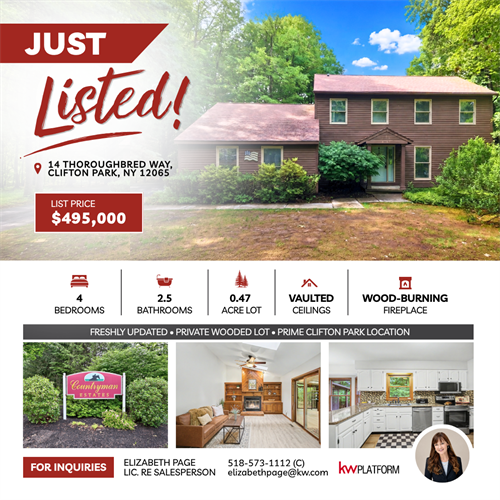 New Listing | 14 Thoroughbred Way, Clifton Park | $495,000 | Beautifully updated 4BR, 2.5BA Colonial in Countryman Estates with fresh finishes, vaulted ceilings, granite kitchen, fireplace, sunroom, spacious primary suite, new appliances, and a private wooded lot. Minutes from I-87, shopping, dining, and Hayes Nature Park. Move-in ready. Open House: June 26, 5-7 PM; June 27, 11 AM-1 PM; June 28, 12-2 PM. Call or text 518-573-1112 for a private showing. Link in the comments.