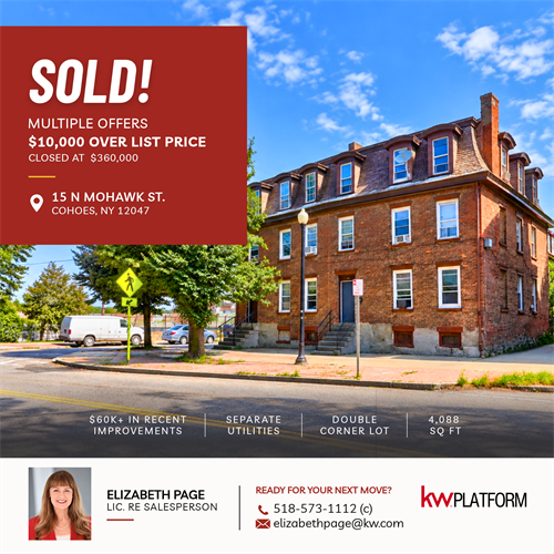 CLOSING DAY. This multifamily property sold in just 5 days with multiple offers and closed $10,000 OVER list price. A smooth transaction, a happy Seller, and exceptional results through strategic marketing and strong negotiation. Thinking about selling? Reach out for a no-obligation valuation and learn how I can help you get the most money with less stress. Call/text 518-573-1112.