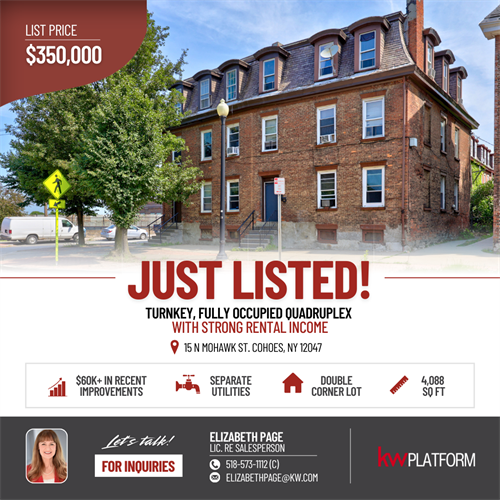 JUST LISTED: 15 N Mohawk St., Cohoes, NY. Investor alert! Turnkey, fully occupied 4-unit property generating over $51,000 in annual gross income, featuring $55,000+ in recent improvements, a solid 4,088 sq. ft. brick building on a double corner lot, separate utilities, and beautiful views of Cohoes Falls. Conveniently located near Harmony Mills, I-787, Route 7, Albany, Troy, Latham, and Clifton Park. DM me for details or to schedule your private showing
