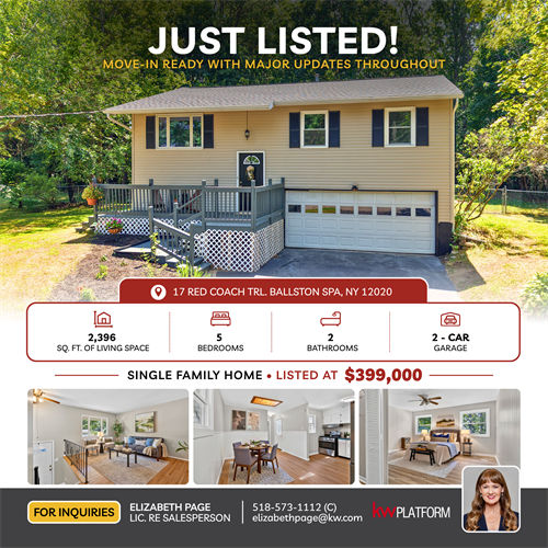 Just Listed | 17 Red Coach Trail, Saratoga Springs (Geyser Crest)  Rare opportunity to own a move-in ready 5-bedroom home in Geyser Crest with 2,396 sq. ft. of living space, a fully fenced 0.40-acre yard, refinished hardwood floors, new flooring, a brand-new roof, newer furnace and central air, a brand-new hot water heater, newer appliances, a 3-season sunroom, and easy access to the Saratoga Greenbelt Trail. Offered at $399,000. 