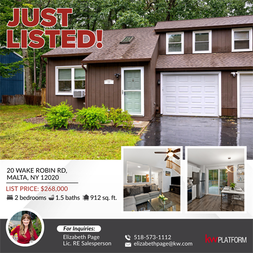 JUST LISTED in Luther Forest! 20 Wake Robin Rd, Malta, NY 12020 – Stylish updates, soaring ceiling, and a private fenced yard make this 2BR/1.5BA townhome a must-see. Minutes to Malta, GlobalFoundries, and Saratoga Lake. $268,000. Highlights: Modern kitchen and stylish updates throughout; soaring cathedral ceiling; 2 bedrooms / 1.5 baths; private fenced yard with deck and shed; community walking and biking trails; convenient to GlobalFoundries, Saratoga Lake, and I-87.