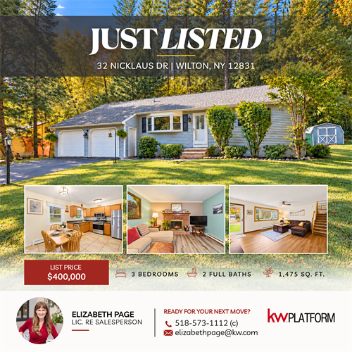 JUST LISTED! 32 Nicklaus Drive, Wilton! Move-in-ready home in Lake Elizabeth Estates featuring a private .64-acre lot, fenced backyard, new roof, furnace, and gutters (2026), updated interiors, and a cozy fireplace. Located in the Saratoga Springs School District, minutes from downtown, shopping, and local attractions, with annual taxes of only $3,500! OPEN HOUSES: Saturday, October 31, 11 AM–1 PM, and Sunday, November 1, 12–2 PM.