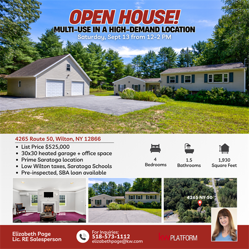 OPEN HOUSE Saturday 9/13 from 12-2. Prime opportunity for business owners at 4265 Route 50, Saratoga Springs, NY. Multi-use potential, massive heated garage, rental potential, prime location, dedicated office space, low taxes, pre-inspected. List price $525,000.