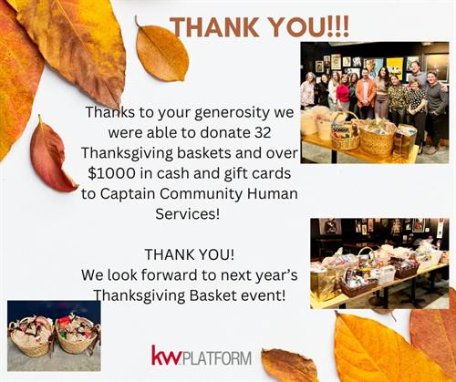 A HUGE THANK YOU to all who contributed to this Thanksgiving food drive as we KW Agents partnered with CAPTAIN Community Human Services. Together, thanks to YOU, we were able to help 72 local families.