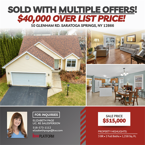 JUST SOLD: 50 Glenham Rd, Saratoga Springs – multiple offers, $40K over list, sold for $515K. Strong demand, win-win for all. Thinking of selling? Call/text 518-573-1112 for a low-stress, strategic approach. #Saratogaspringsrealestate #KWPlatformtakeover