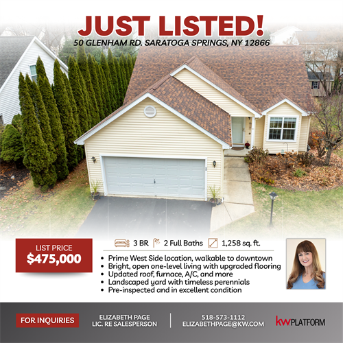 JUST LISTED: 50 Glenham Rd, West Side Saratoga – Move-in-ready one-level home with 3 bedrooms, 2 baths, updated flooring, newer roof, furnace, central air, finished basement, landscaped yard, and a 1.4-mile walk to downtown. List Price: $475K