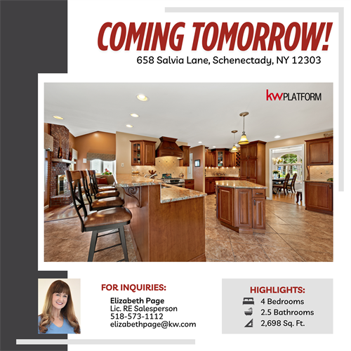 vJUST LISTED: 658 Salvia Ln, Schenectady, NY 12303 – Meticulously maintained 2,698 sq ft Colonial with 4 bedrooms, 2.5 baths, cathedral ceiling, wood-burning fireplace, Brazilian cherry floors, gourmet kitchen with custom cherry cabinets, private fenced backyard, lush landscaping with patio, located in a popular neighborhood within Guilderland Schools and walking distance to parks and Pine Bush Elementary – pre-inspected and move-in ready – $595,000.