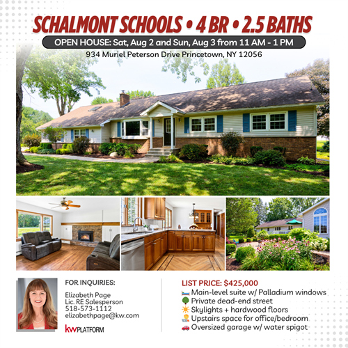 Open House! Sat & Sun 11–1 • 934 Muriel Peterson Dr, Princetown • 4BR | 2.5BA | $425,000 • Schalmont SD • Main-level suite • Bonus room • Park-like setting • HW floors • Fresh paint • Oversized 2-car garage • Easy access to I-88/I-90