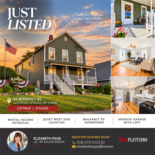 JUST LISTED: 47 Benedict Street, Saratoga Springs. Beautifully restored two-family property featuring 4 bedrooms, 2 bathrooms, hardwood floors, a spacious garage, and a fenced 0.32-acre lot. Just half a mile from downtown, this versatile property is ideal for investment or multi-generational living. Offered at $750,000. Call or text 518-583-1112 for details or a private showing. 