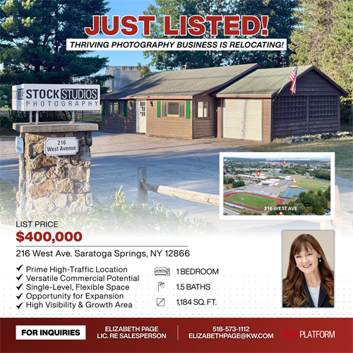 Just Listed: 216 West Ave, Saratoga Springs: one-level building in a prime West Ave corridor with endless potential for business, creative space, or residence, listed at $400,000. Call/text 518-573-1112.