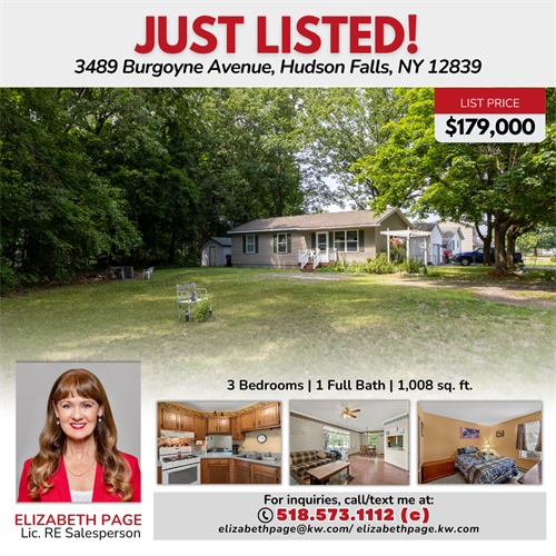 JUST LISTED Turn-Key Ranch in Hudson Falls 3489 Burgoyne Ave | 3 BR, 1 Full Bath | Full Basement | 0.67 Acre | Brand New Hot Water Heater | Newer Appliances | Well-Cared-For Roof & Siding 8-9 Y/O | Close To All Conveniences | Hudson Falls Schools | $179K Open House Sat 6/22 @ 1-3:00