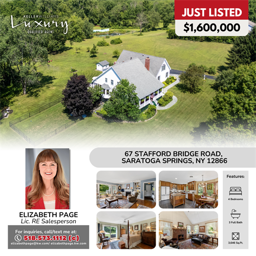 JUST LISTED  Unique & immaculate home in Saratoga Springs. Guest Suite has loads of potential for In-Law Apt/Rental. Minutes to everything Saratoga. $1,600,000.  3,646 Square Feet 4 BR 3.5 Baths Primary Suite 1st Floor TWO Primary Suites Upstairs 4.65 Acres With 2 Ponds Borders A Nature Preserve Fruit Trees & Perennial Gardens 3-Season Room Walk-In Pantry Endless Amenities & Upgrades Pre-Inspected. Perfection.