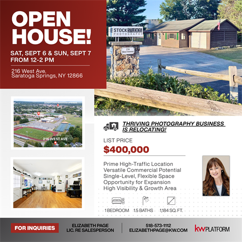 OPEN HOUSE - New on West Side Saratoga: 216 West Ave, Saratoga Springs, NY - Photographer relocating = endless opportunities - Office, arts, fitness, or a home - Minutes to Downtown - $400K - Work • Live • Create - https://bit.ly/4g7Mvdj