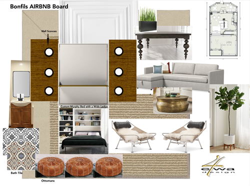 Custom Airbnb mood board showcasing furnishings, finishes, and décor for a cohesive guest experience.