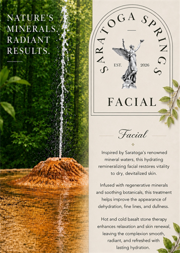 The Saratoga Springs Facial is a luxurious remineralizing treatment inspired by the natural healing waters of Saratoga. Infused with Saratoga mineral spring water, regenerative botanicals, and soothing hot and cold basalt stone therapy, this deeply hydrating facial helps restore radiance, improve skin vitality, and leave the complexion refreshed, comforted, and glowing.