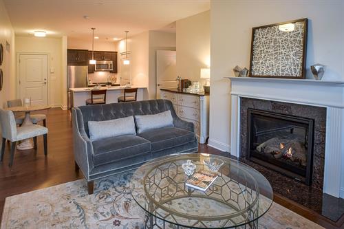 Features include hardwood floors, fireplaces in select units, free internet/cable