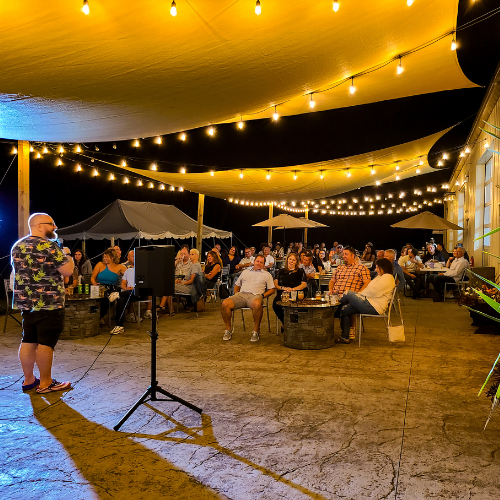 Live comedy on the Nature’s Edge Terrace at Artisanal Brew Works, a Saratoga Springs restaurant with weekly events and live entertainment
