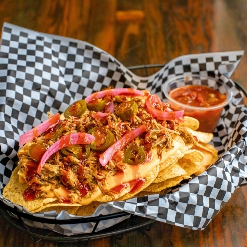 Mojo Pork Nachos with great flavor at Artisanal Brew Works, a Saratoga Springs restaurant known for elevated pub-style food