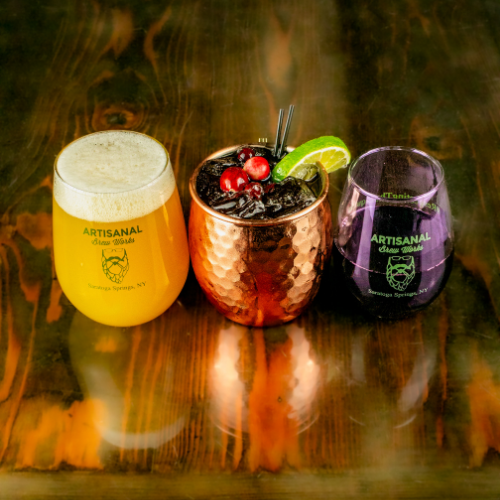 Craft beer, cocktails, and wine at Artisanal Brew Works, a Saratoga Springs restaurant with a full drink menu