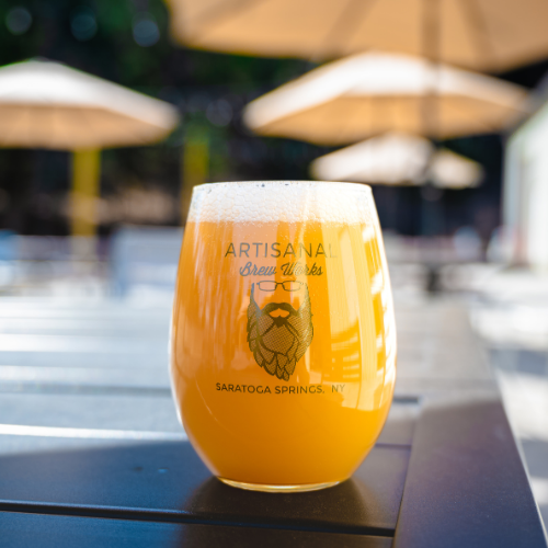 Craft beer on the Nature’s Edge Terrace at Artisanal Brew Works, a Saratoga Springs restaurant with outdoor dining