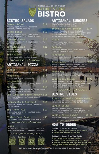 Nature’s Edge Bistro restaurant menu at Artisanal Brew Works in Saratoga Springs featuring artisan pizza, fresh salads, Wagyu burgers, and gluten-free dining options.