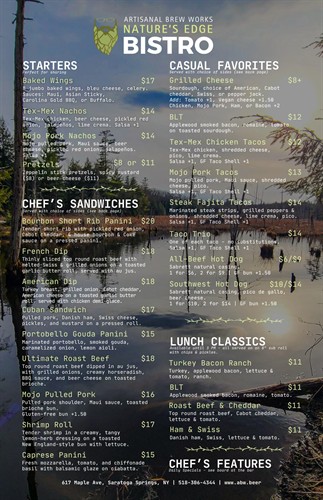 Nature’s Edge Bistro restaurant menu at Artisanal Brew Works in Saratoga Springs featuring burgers, sandwiches, tacos, and casual dining favorites.