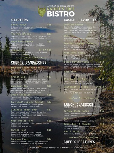 Restaurant menu at Nature’s Edge Bistro at Artisanal Brew Works in Saratoga Springs, featuring burgers, pizza, sandwiches, salads, tacos, and more.