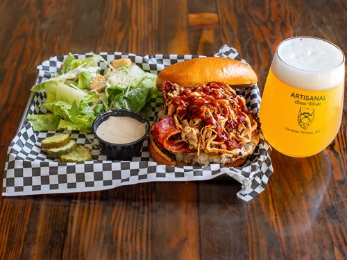 Whole Hog burger with great flavor at Artisanal Brew Works, a Saratoga Springs restaurant known for elevated pub-style food