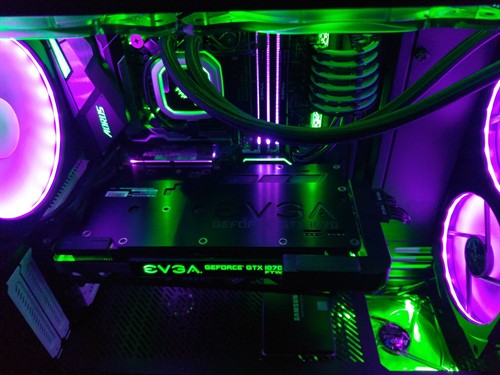 Custom-built PC with GeForce GTX graphics, liquid CPU cooler, and purple and green RGB lighting, built by Computer Ties in Jackson, MI.