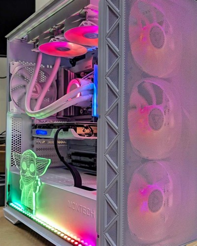 Custom-built white gaming PC with liquid cooling, RGB fans, and a lighted acrylic display panel. Built by Computer Ties in Jackson, MI.