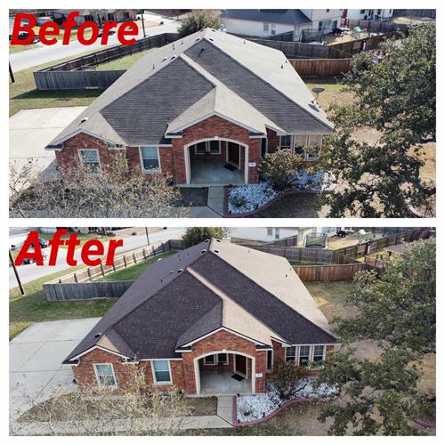 This is a Brownwood Owens Corning Oakridge roof with high profile ridge.  The customer was approved  by insurance and upgraded from his 25 year 3-tab roofing system to a lifetime roofing system at no extra cost.