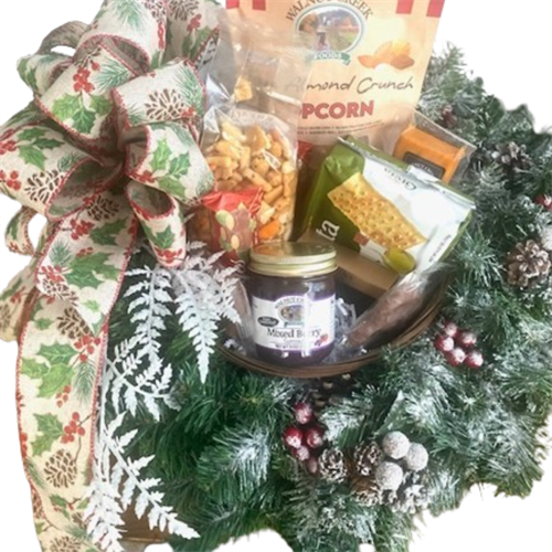 Signature Holiday Wreath and Gift Basket Arrangement