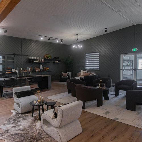 Main event area, dining and seating options available. 8 folding tables and 32 folding chairs available for use.